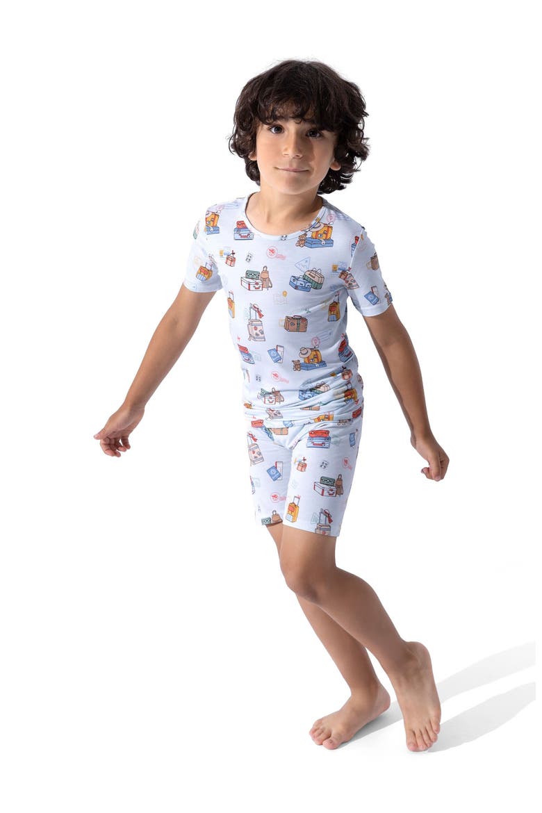 Vintage Suitcases Kids 2-Piece Short Sleeve & Shorts Pajama Set, Alternate, color, Vintage Suitcases