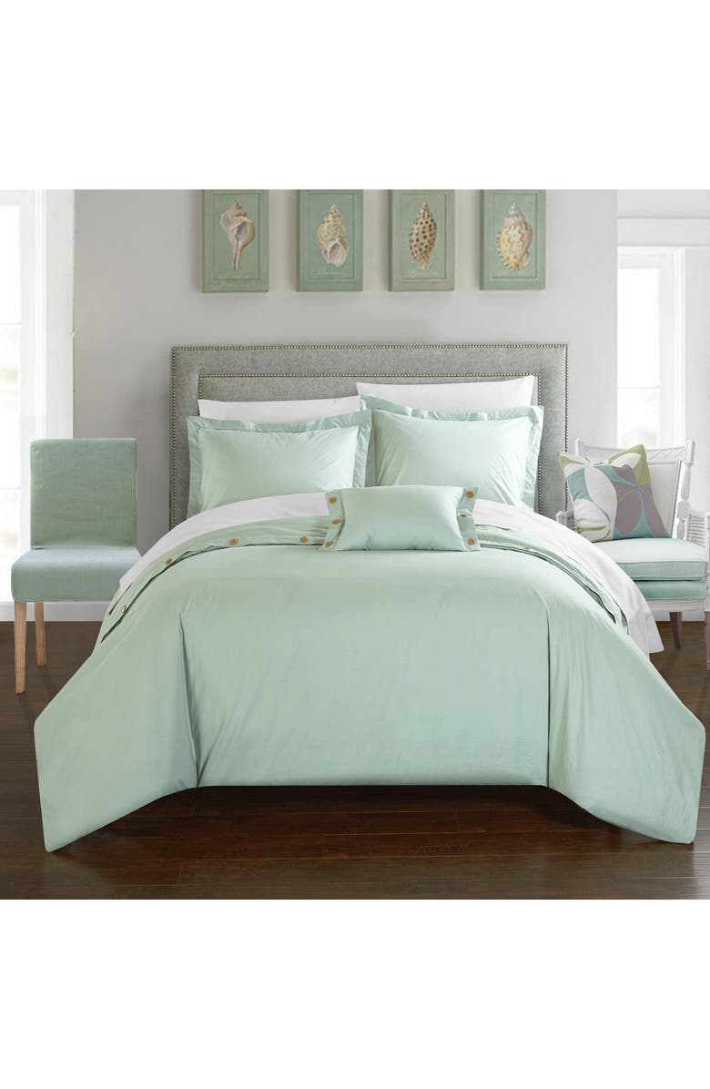 CHIC Aqua Odin 200 Thread Count Twill Weave Button Detail Queen Duvet Cover 4-Piece Set, Alternate, color, 