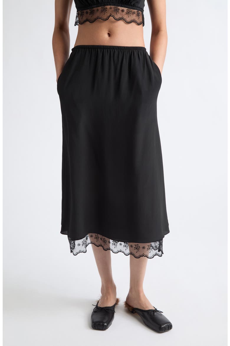 Lace Trim Crêpe de Chine Negligee Skirt, Main, color, BLACK