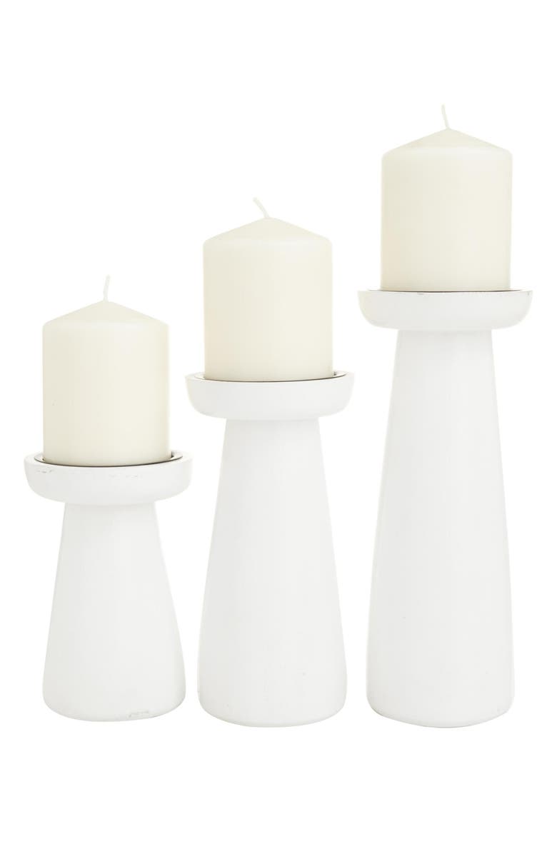 UMA Set of 3 Wood Pillar Candle Holders, Main, color, White