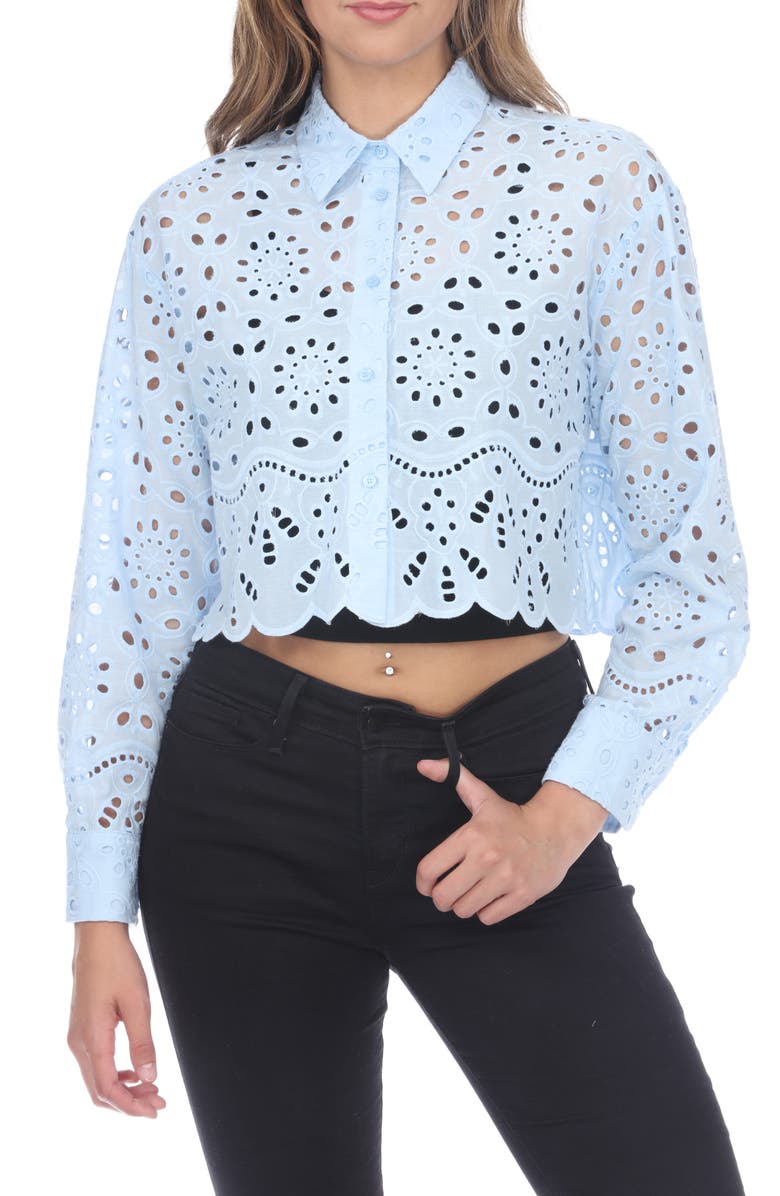 RAIN AND ROSE Embroidered Eyelet Crop Button-Up Shirt, Main, color, 