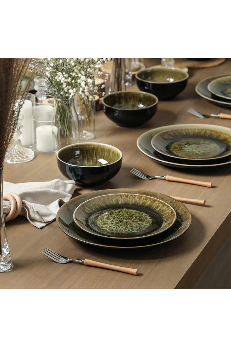 Riley 24-Piece Dinnerware Set Stoneware, Service for 8, Alternate, color, Black and Green