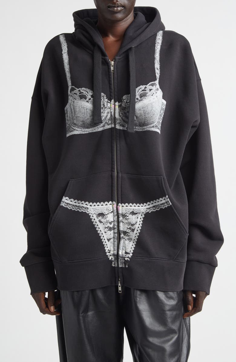 Vaquera Trompe l'Oeil Lingerie Oversize Full Zip Hoodie, Main, color, Washed Black