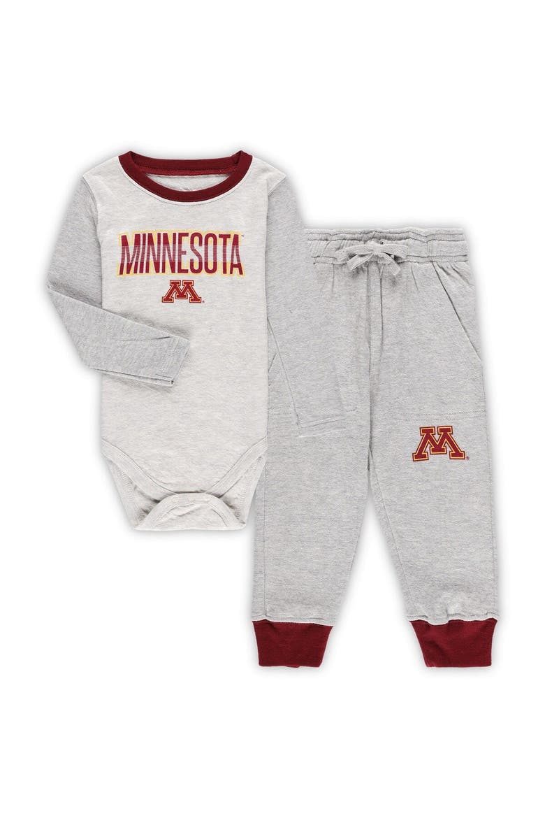 Infant Wes & Willy Heather Gray Minnesota Golden Gophers Jie Jie Long Sleeve Bodysuit & Pants Set, Main, color, Heather Gray