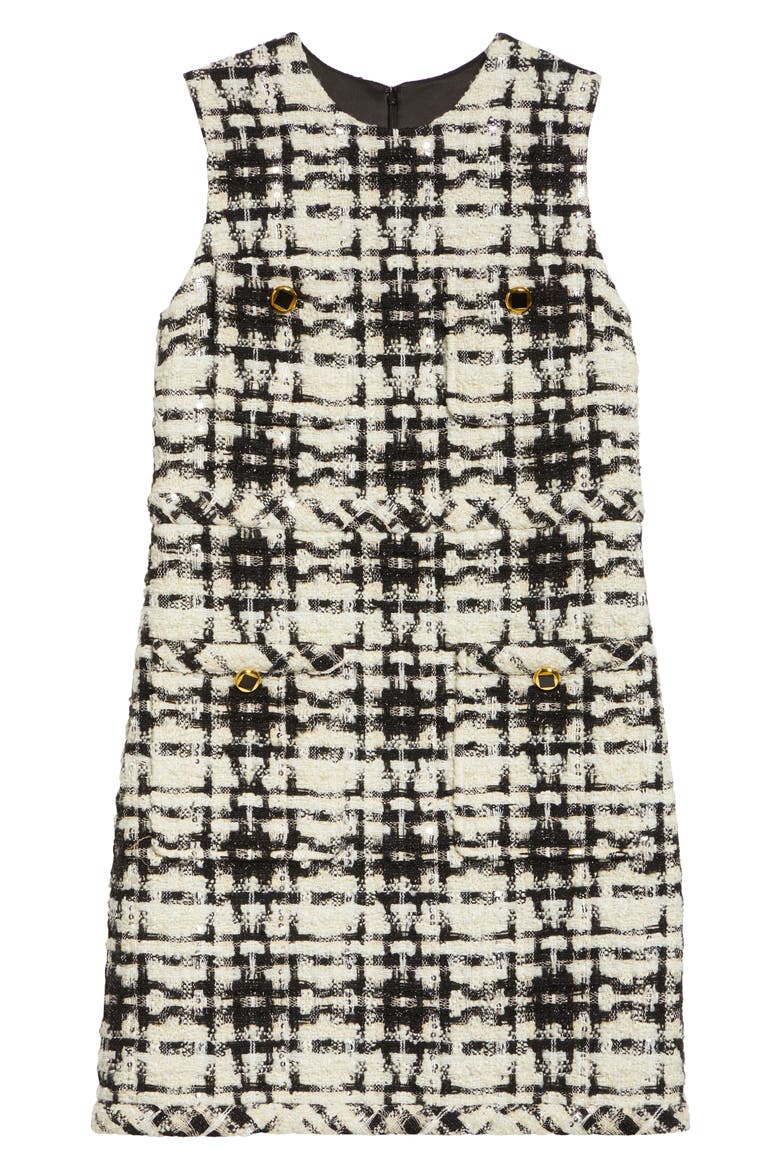 Plaid Sequin Eyelash Tweed Shift Dress, Alternate, color, BLACK/ ECRU MULTI