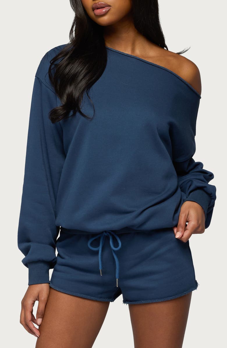 EDIKTED Juana One-Shoulder Sweatshirt, Main, color, Navy