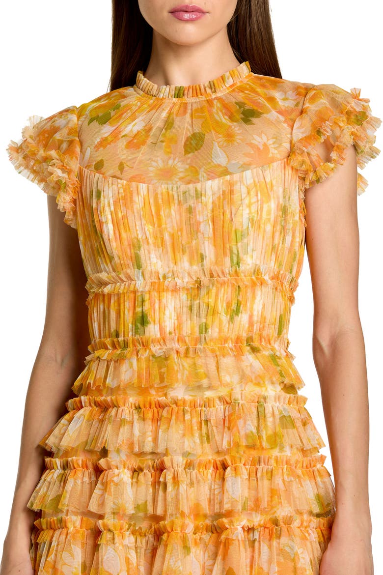 Mesh Micro Ruffle High Neck Cap Sleeve Midi Dress, Alternate, color, Yellow Multi