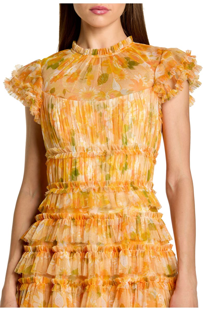 Mac Duggal Mesh Micro Ruffle High Neck Cap Sleeve Midi Dress, Alternate, color, Yellow Multi