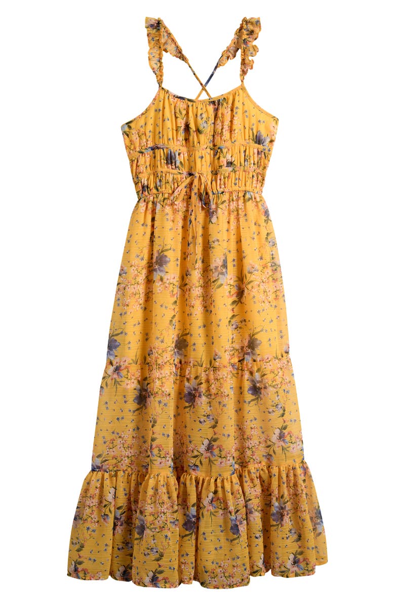 Ava & Yelly Kids' Floral Ruffle Strap Maxi Dress, Main, color, Yellow Floral