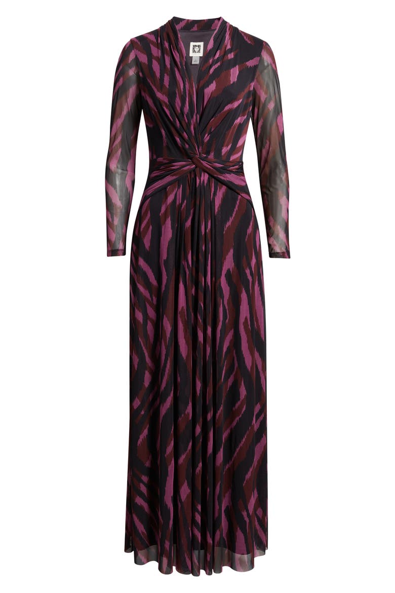 Abstract Print Twist Front Long Sleeve Mesh Maxi Dress, Alternate, color, ANIMAL STRIPES L230V01