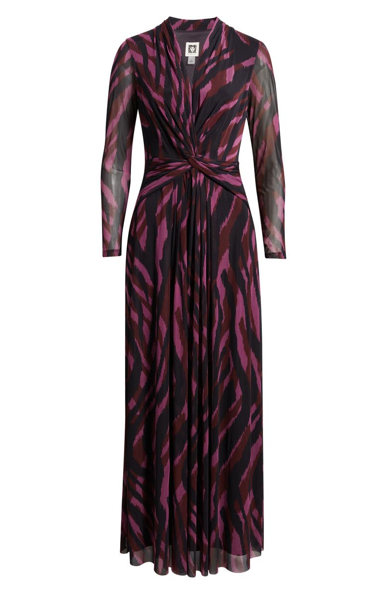 Anne Klein Abstract Print Twist Front Long Sleeve Mesh Maxi Dress, Alternate, color, Animal Stripes L230v01