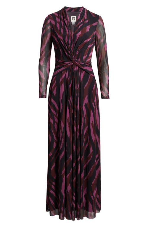 Anne Klein Abstract Print Twist Front Long Sleeve Mesh Maxi Dress In Multi