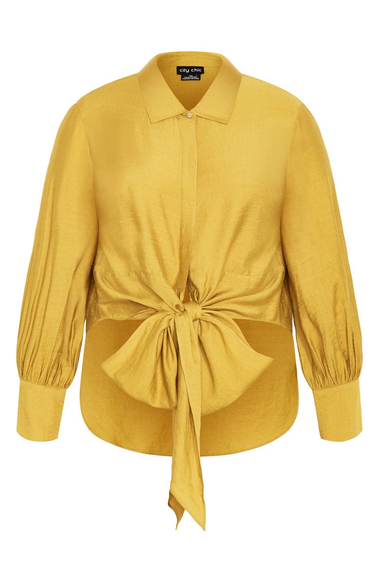 City Chic Winnie Tie Front Satin Shirt, Alternate, color, Old Gold