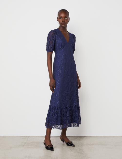Finery London Loretta 3/4 Sleeve Lace Midi Dress In Blue