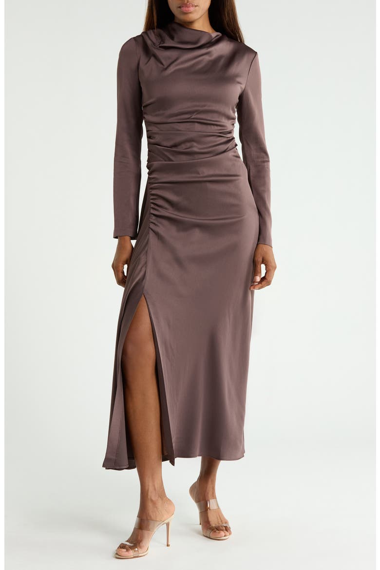 Odessa Long Sleeve Ruched Maxi Dress, Main, color, CHOCOLATE