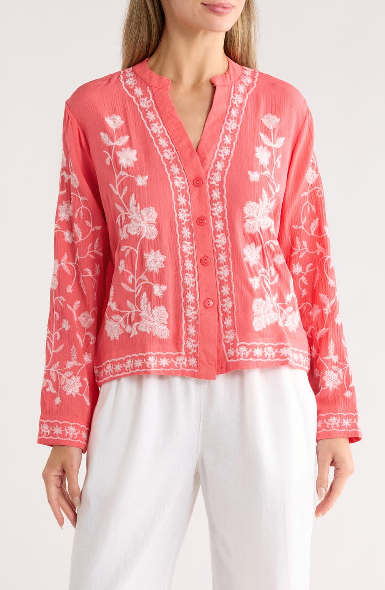 Forgotten Grace Floral Embroidered Button-Up Shirt, Main, color, Coral/ White
