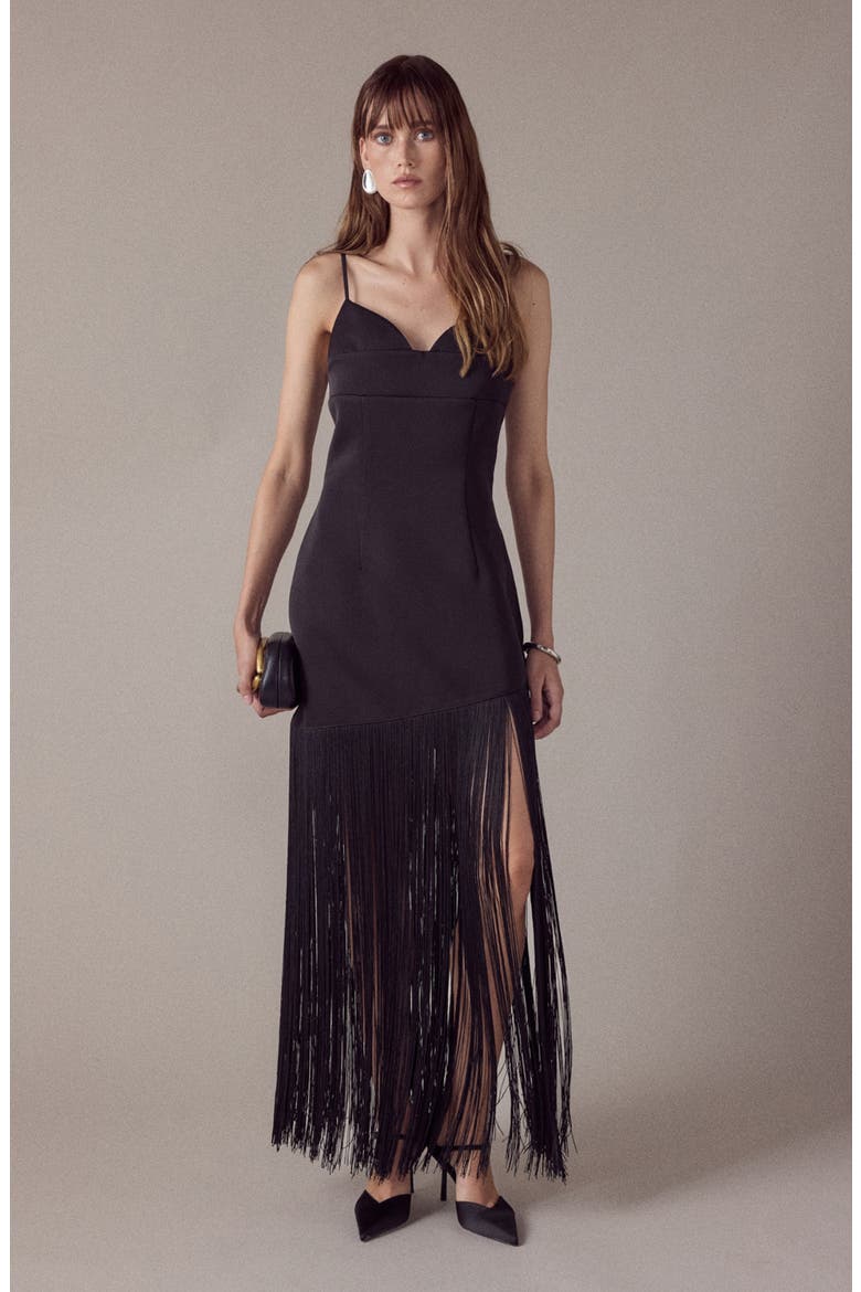One-Shoulder Fringe Satin Maxi Dress, Alternate, color, BLACK