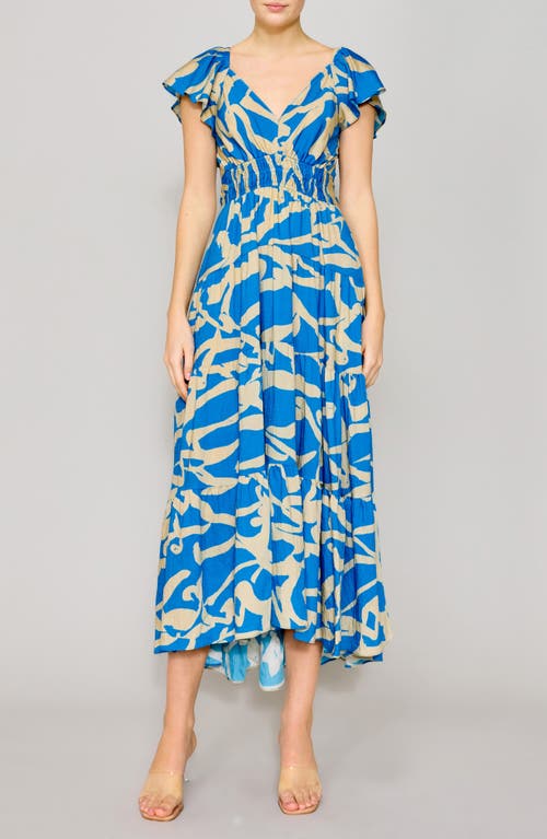 Melloday Printed Shirred Waist Tiered Maxi Sundress In Blue Ivory