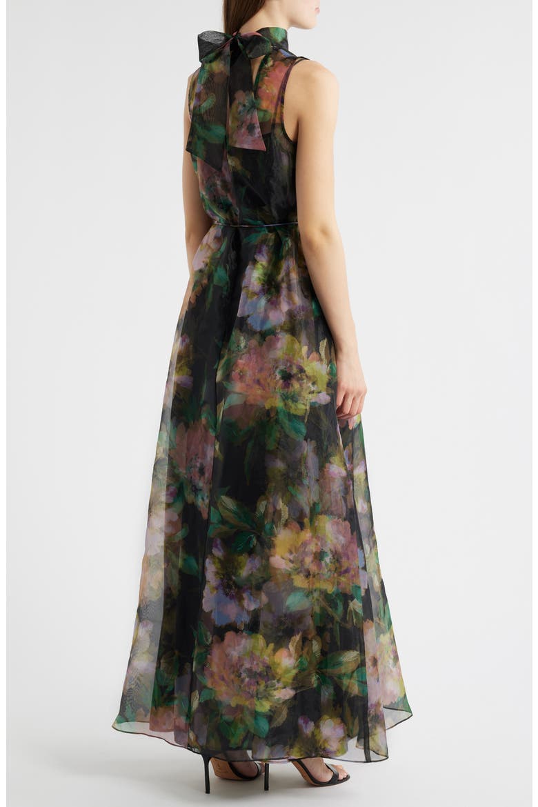 Tie Neck Organza Cocktail Dress, Alternate, color, BLACK MULTI