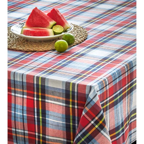 Weekend Blue Red Plaid Cotton Tablecloth for Dining