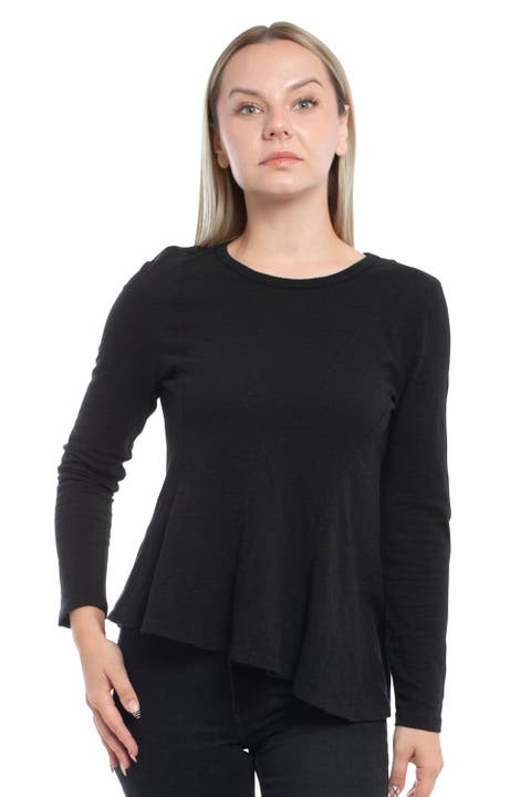 Round Neck Long Sleeve Tee with Asymmetric Hem & Body Seams