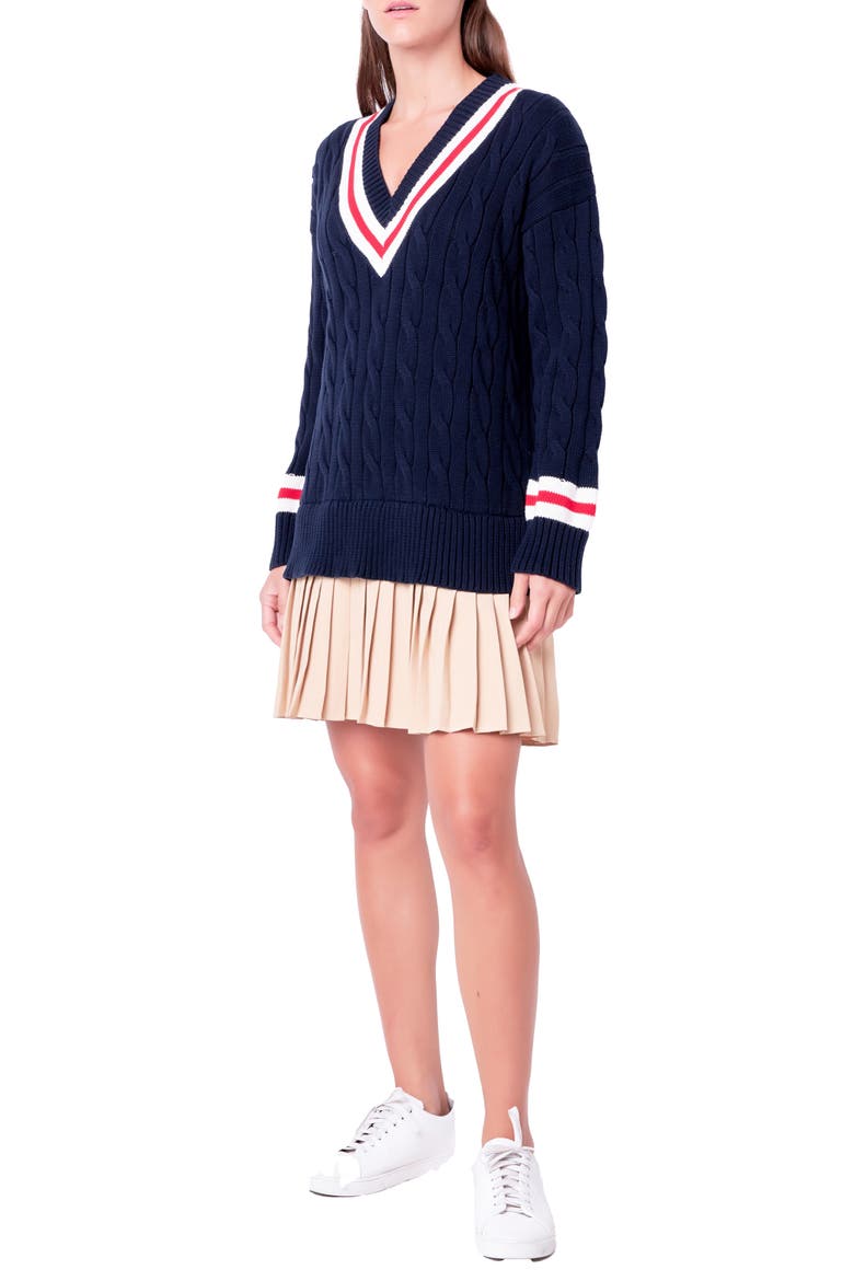 Cable Knit Pleated Sweater Dress, Alternate, color, NAVY MULTI