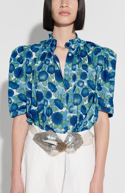 De Loreta Tapir Ruffle Short Sleeve Button-up Cotton Shirt In Blue
