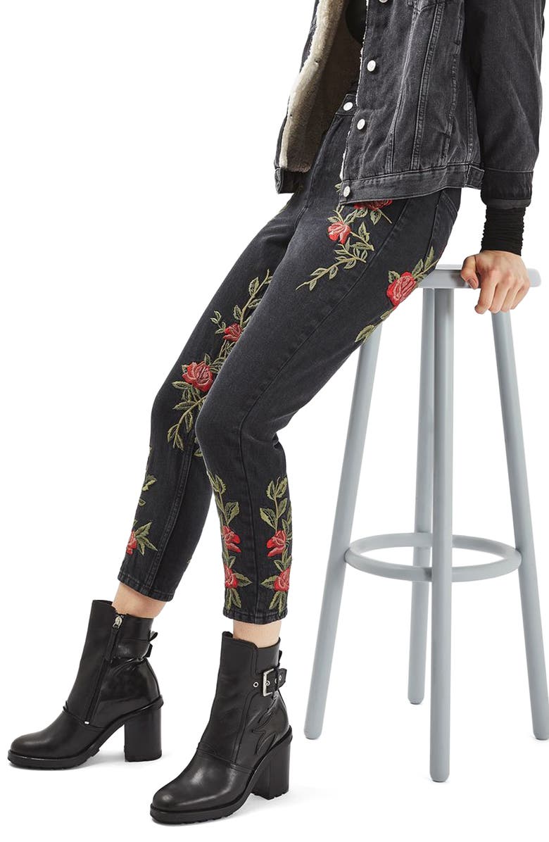 Topshop Mom Rose Embroidered Jeans, Main, color, 
