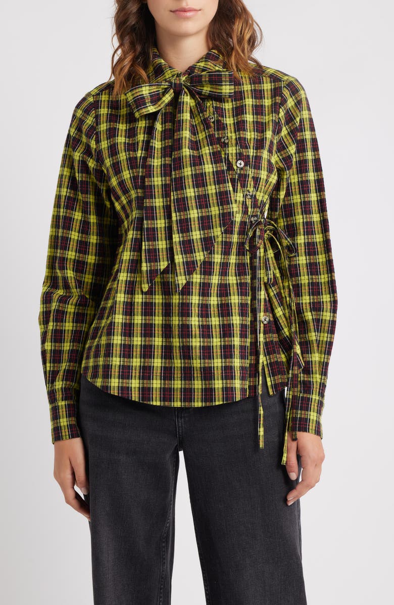 Damson Madder Robyn Tartan Organic Cotton Wrap Shirt, Main, color, Yellow