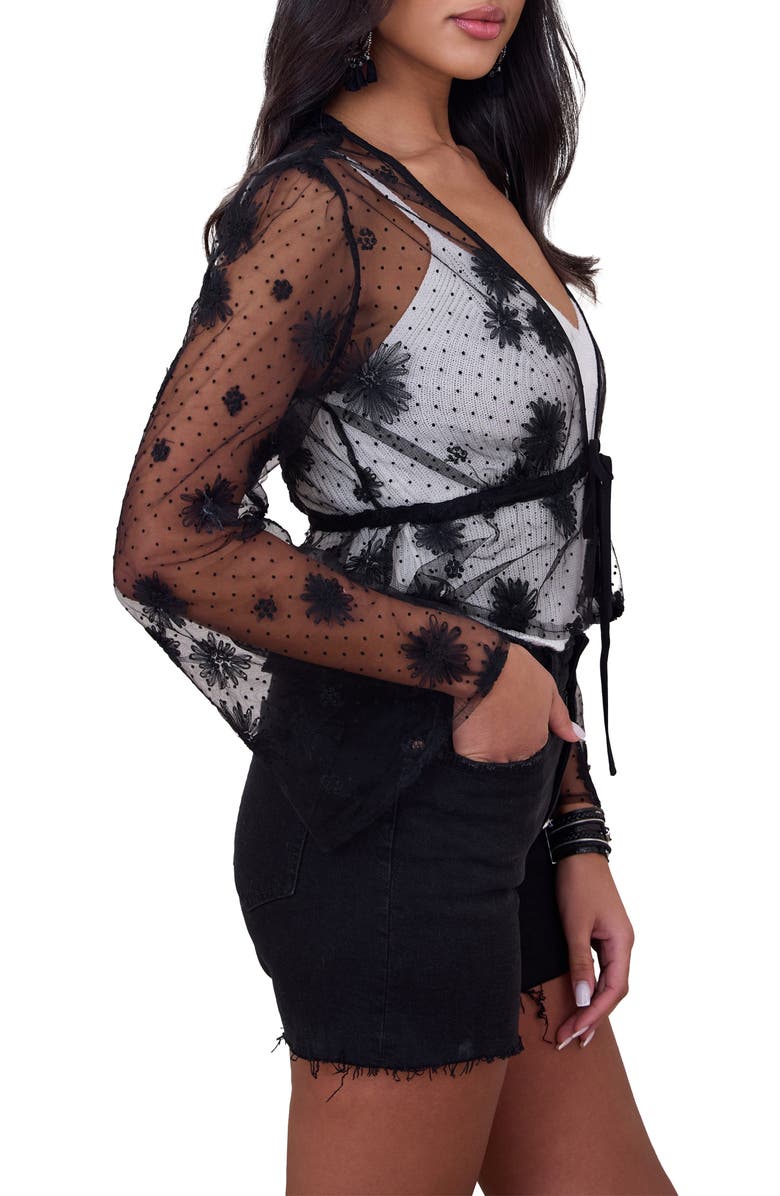 SAACHI Sheer Floral Bell Sleeves Tie Front Top, Alternate, color, Black