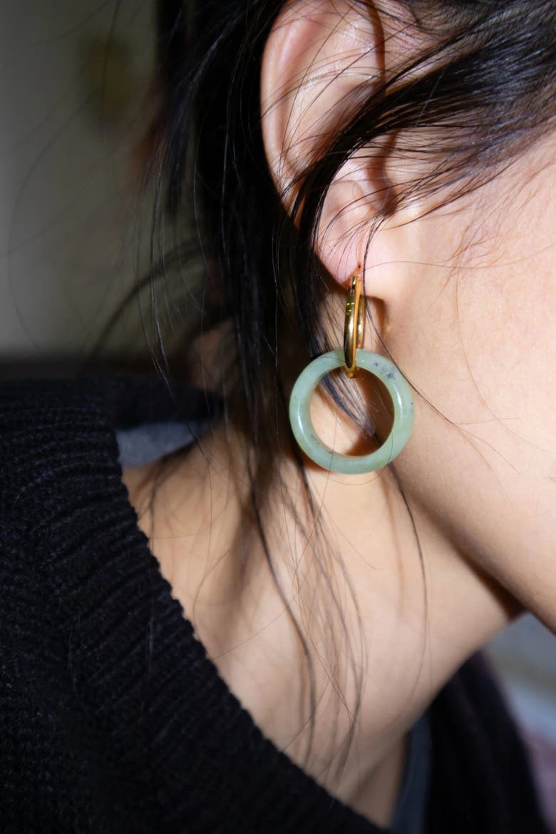 Amelie skinny Green jade stone hoop earrings, Alternate, color, Light green