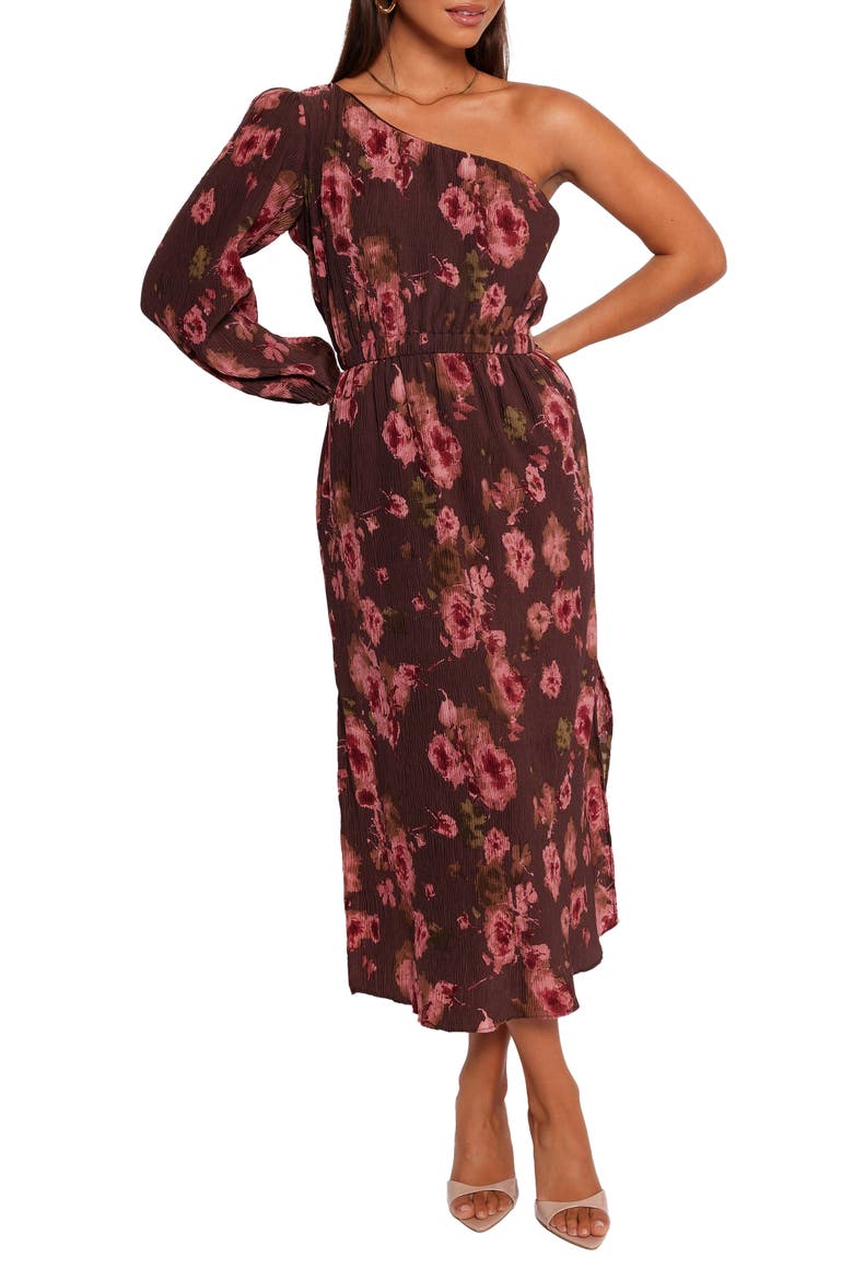 Floral One-Shoulder Plissé Midi Dress, Main, color, CHOCOLATE BROWN
