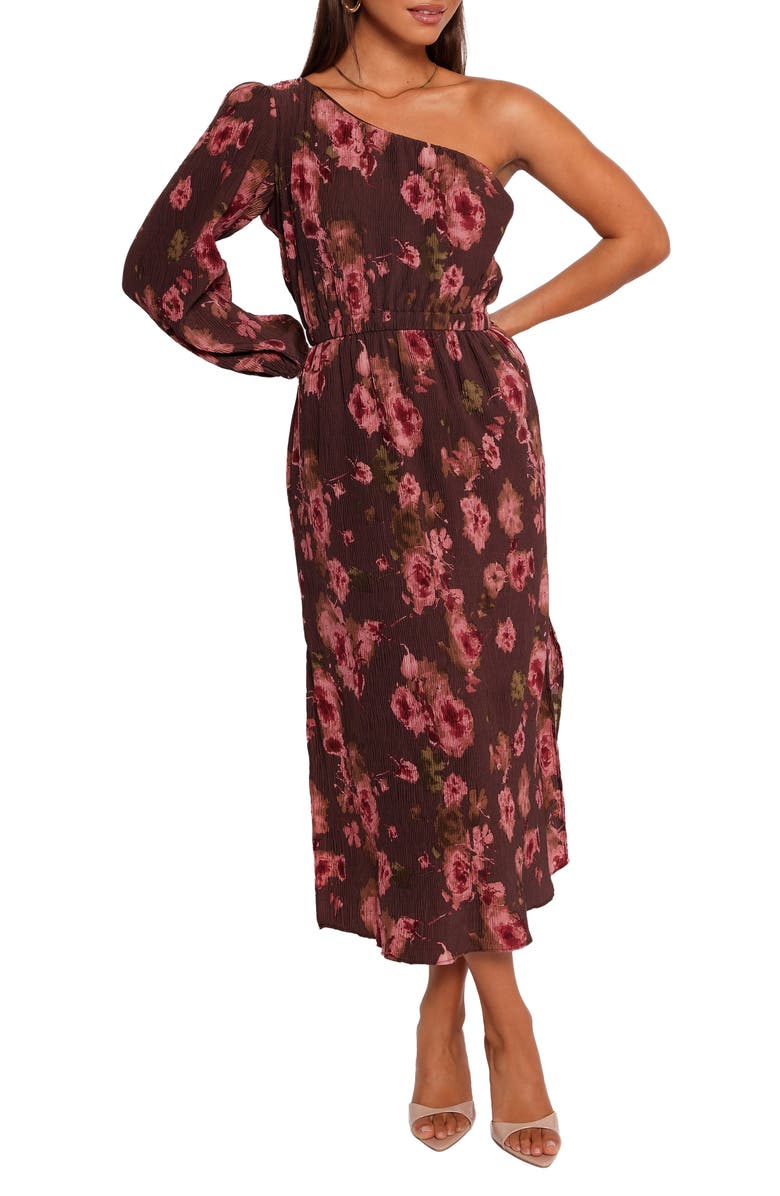 Petal & Pup Floral One-Shoulder Plissé Midi Dress, Main, color, Chocolate Brown
