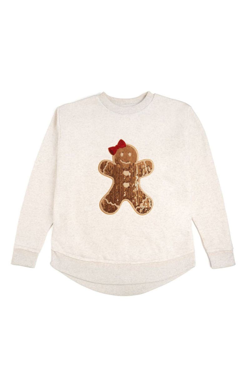 Sweet Wink Gingerbread Sequin Patch Christmas Women's Sweatshirt, Main, color, Natural