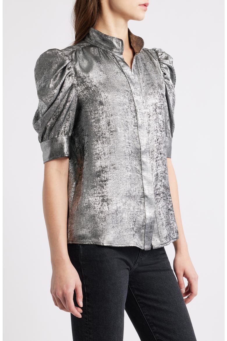 The Gillian Shiny Puff Sleeve Button-Up Shirt, Alternate, color, GUNMETAL