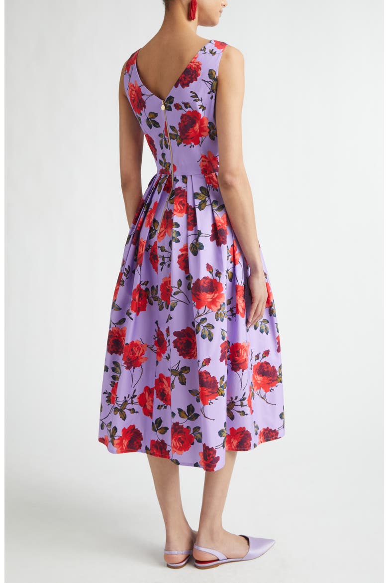 Rose Print Stretch Poplin A-Line Midi Dress, Alternate, color, VIOLETA MULTI