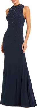 Mac Duggal High Neck Sleeveless Beaded Jersey Fitted Gown