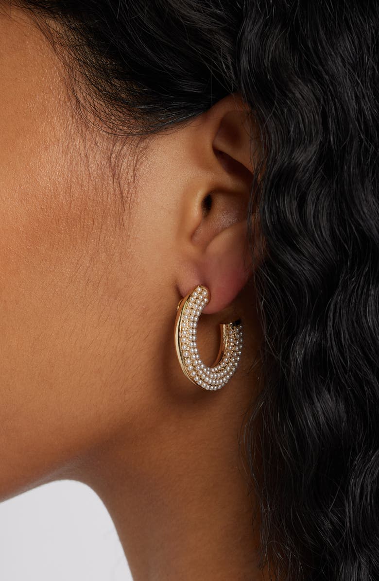 Kenneth Jay Lane Faux Pearl Hoop Earrings, Alternate, color, Gold