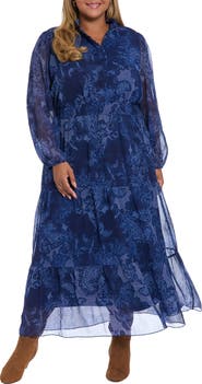 London Times Paisley Long Sleeve Tiered Chiffon Maxi Dress