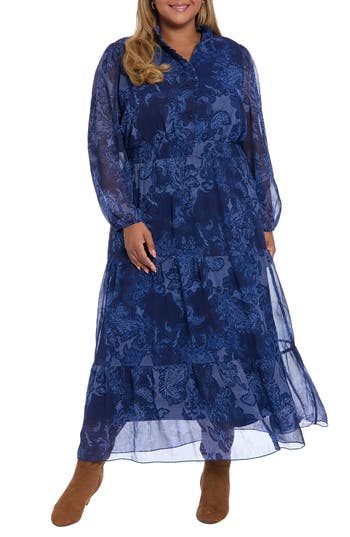 London Times Paisley Long Sleeve Tiered Chiffon Maxi Dress In Blue