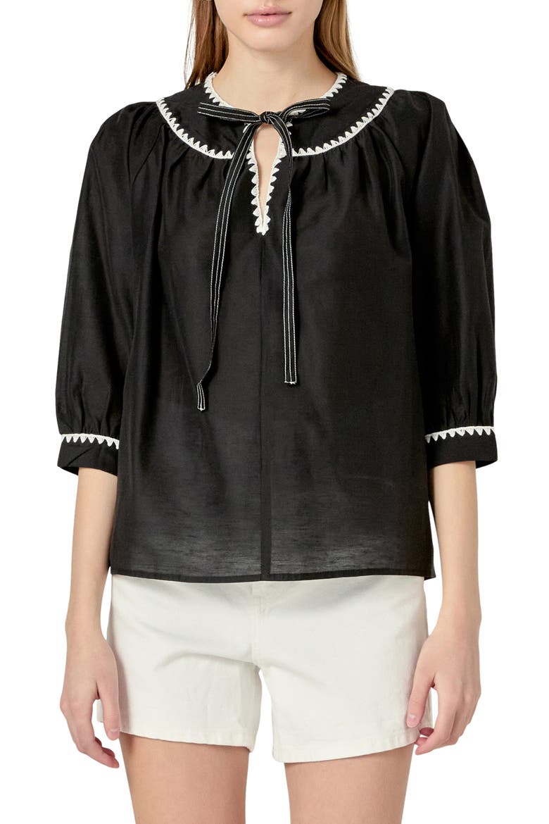 Embroidered Tie Neck Top, Main, color, BLACK/ WHITE
