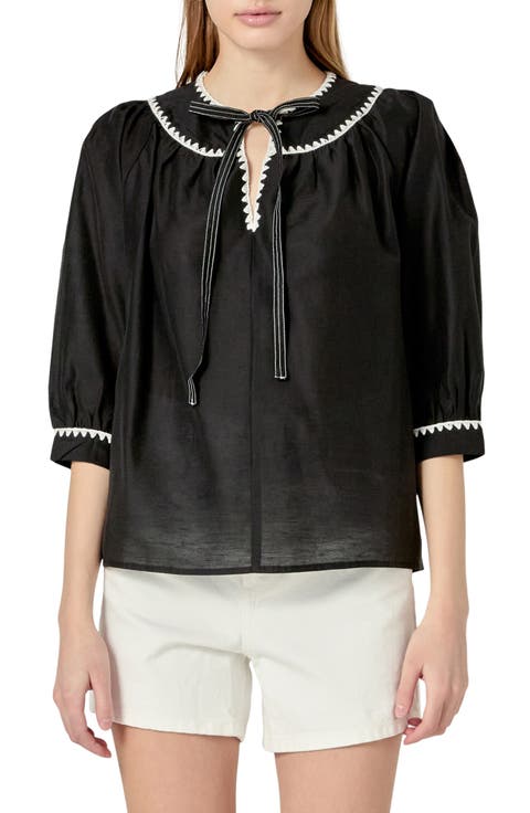 Embroidered Tie Neck Top