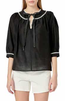 Embroidered Tie Neck Top