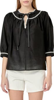 English Factory Embroidered Tie Neck Top