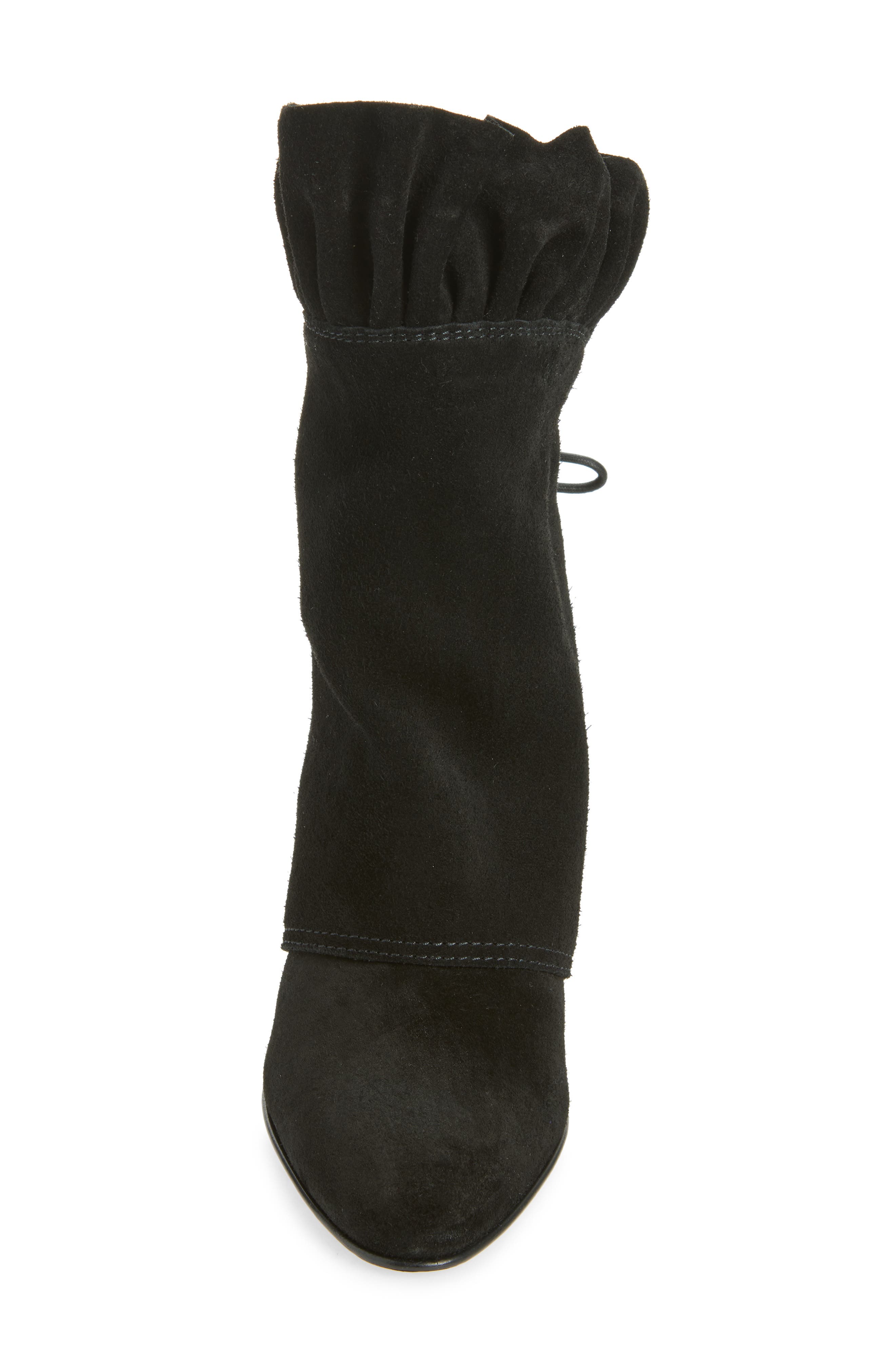 Anouk Ruffled Suede Ankle Boot, Alternate, color, BLACK