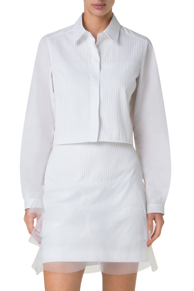 Pleat Front Cotton Voile Crop Button-Up Shirt, Main, color, PURE WHITE