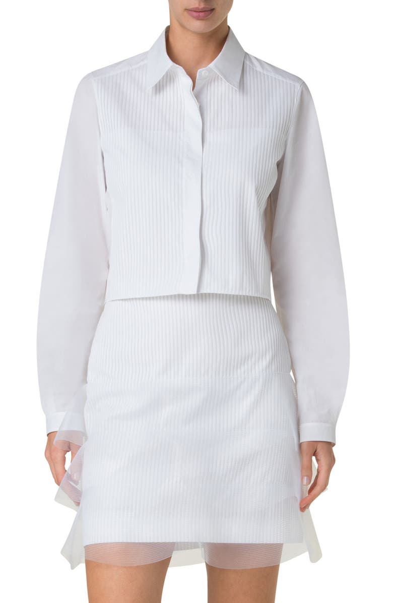 Akris Pleat Front Cotton Voile Crop Button-Up Shirt, Main, color, Pure White