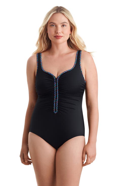 Shirred Zipper Tank Chlorine Resistant One-Piece Swimsuit