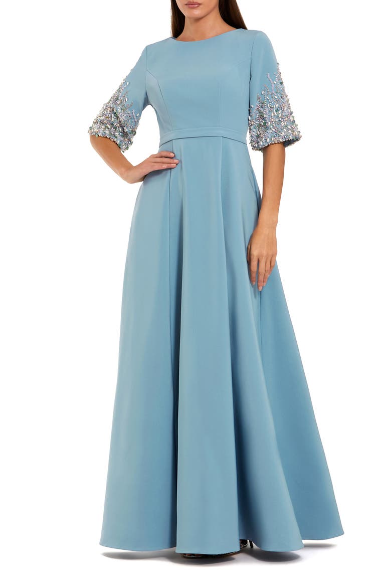 Women's 3/4 Sleeve Crepe Gown With Sleeve Embellishments, Main, color, French Blue