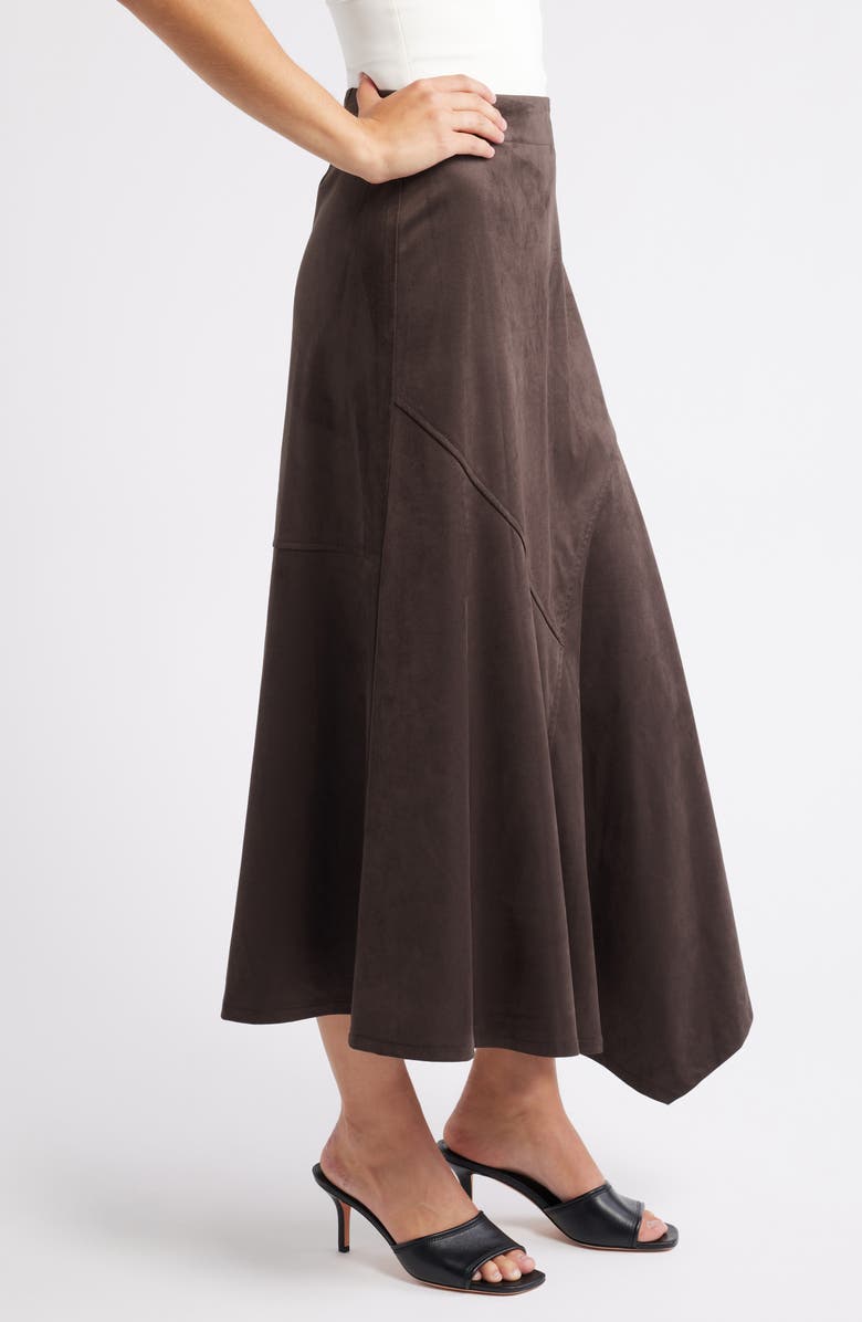 CITY BLUES Asymmetrical Hem Faux Suede Midi Skirt, Alternate, color, Coffee